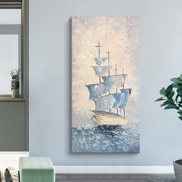 風景 Painting - パレットナイフの青い帆船